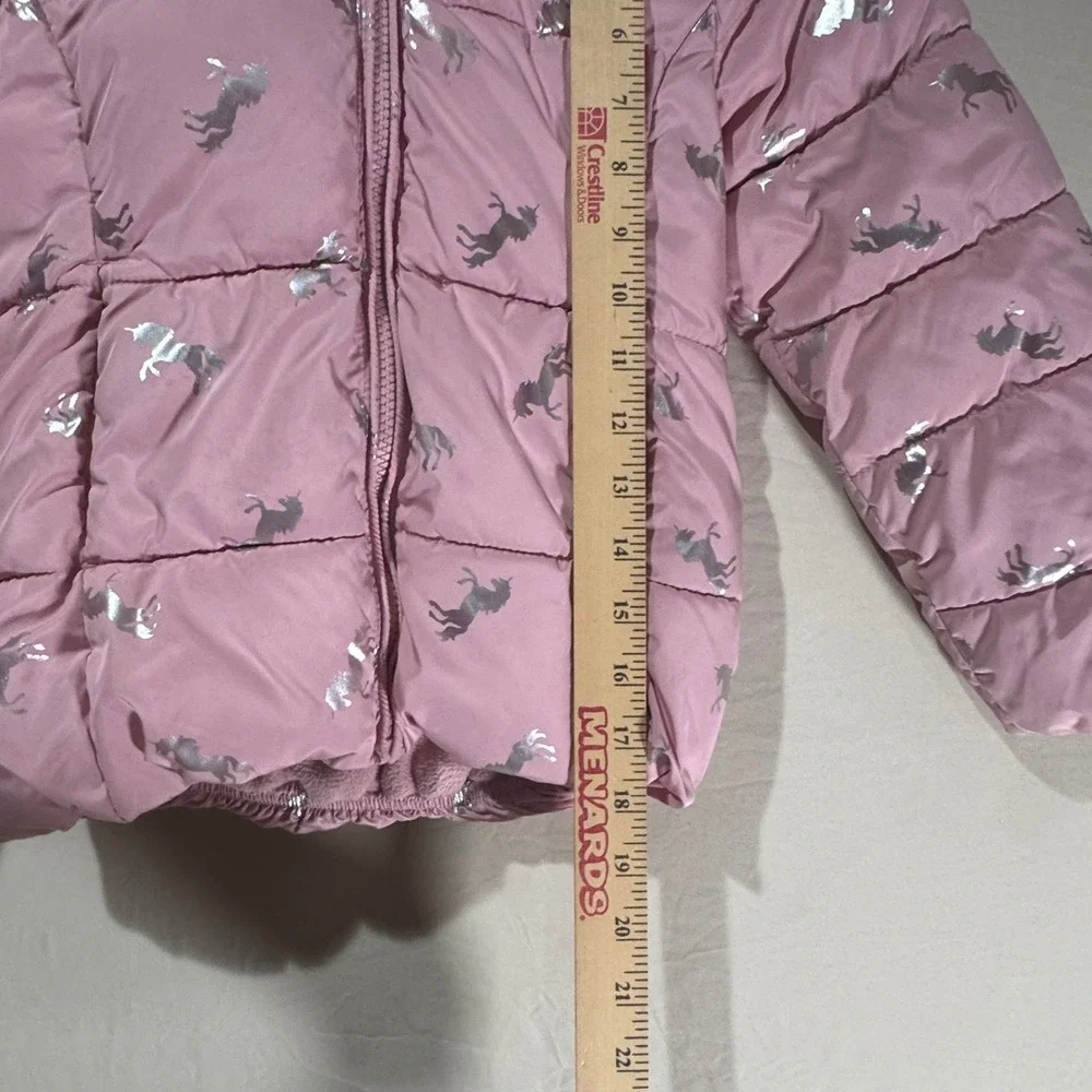The Childrens Place Puffer Jacket Kids 5/6 Pink Excellent Unicorn Foil Print